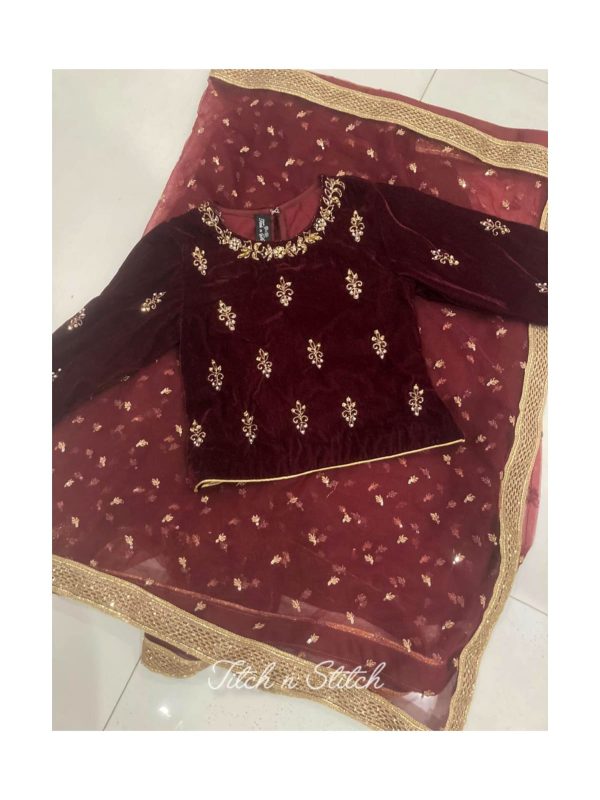 Maroon Net Saree TNSK50 - Image 3